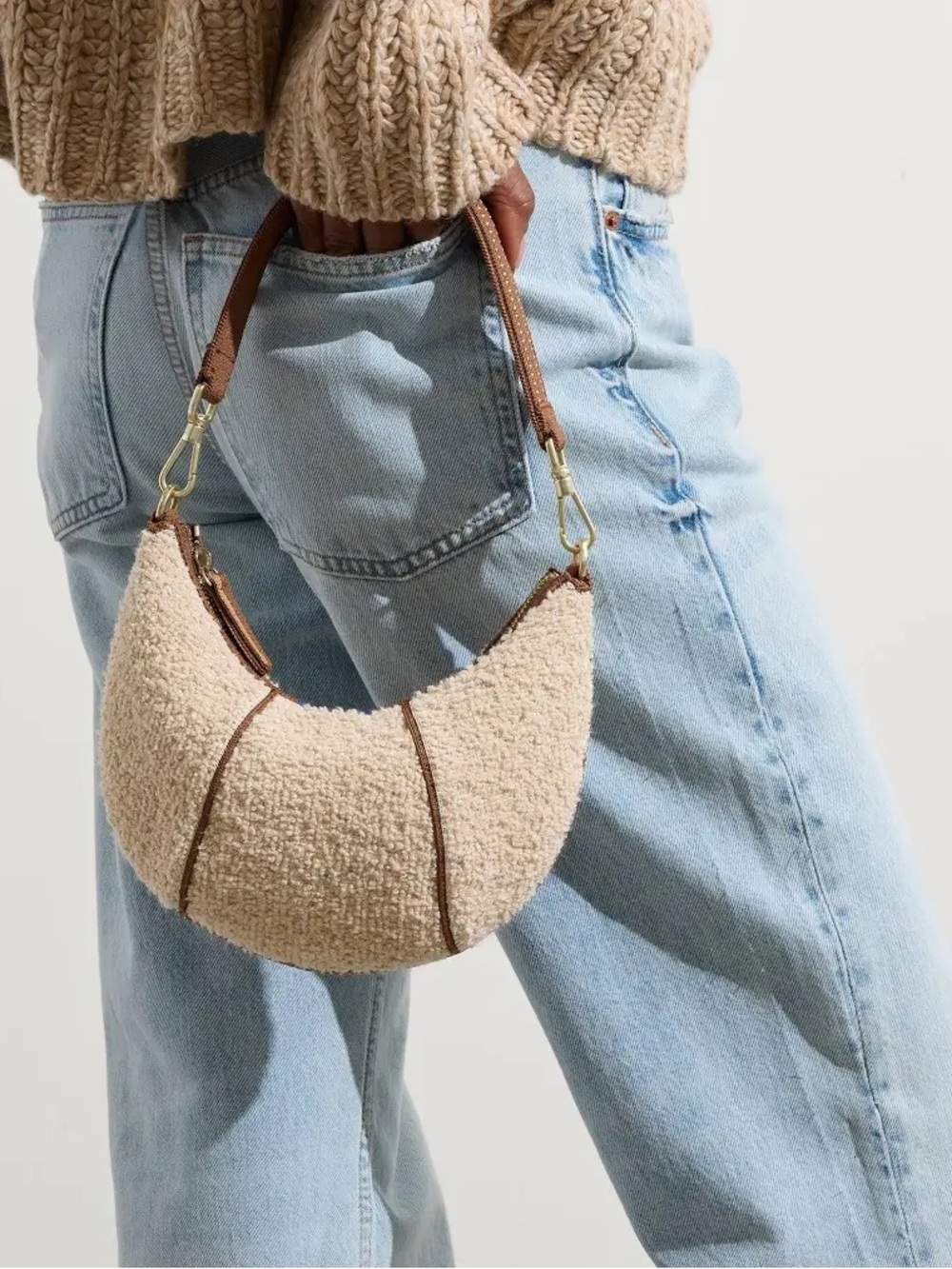 Rothy's Cream & Tan Textured Honeybun Bouclé The Crescent Shoulder Bag